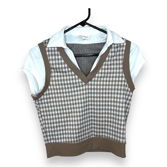 SMALL MERAKI PLAID CROP TOP BEIGE WHITE CLASSIC PREPPY ACADEMIA SHORT SLEEVE - Picture 1 of 7